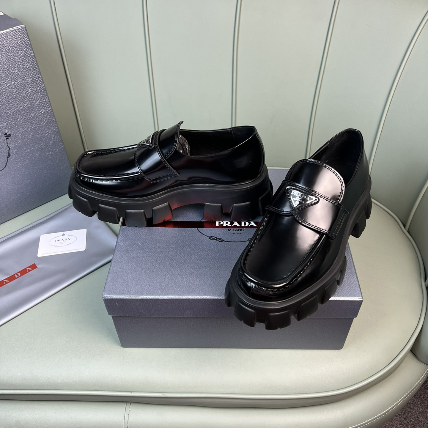 Prada Monolith Brushed Leather Loafers - everydesigner