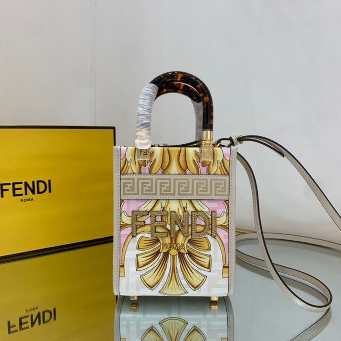 Versace x Fendi Mini Sunshine Shopper Fendace Printed White Leather Mini Bag(13-18-6.5cm) - everydesigner