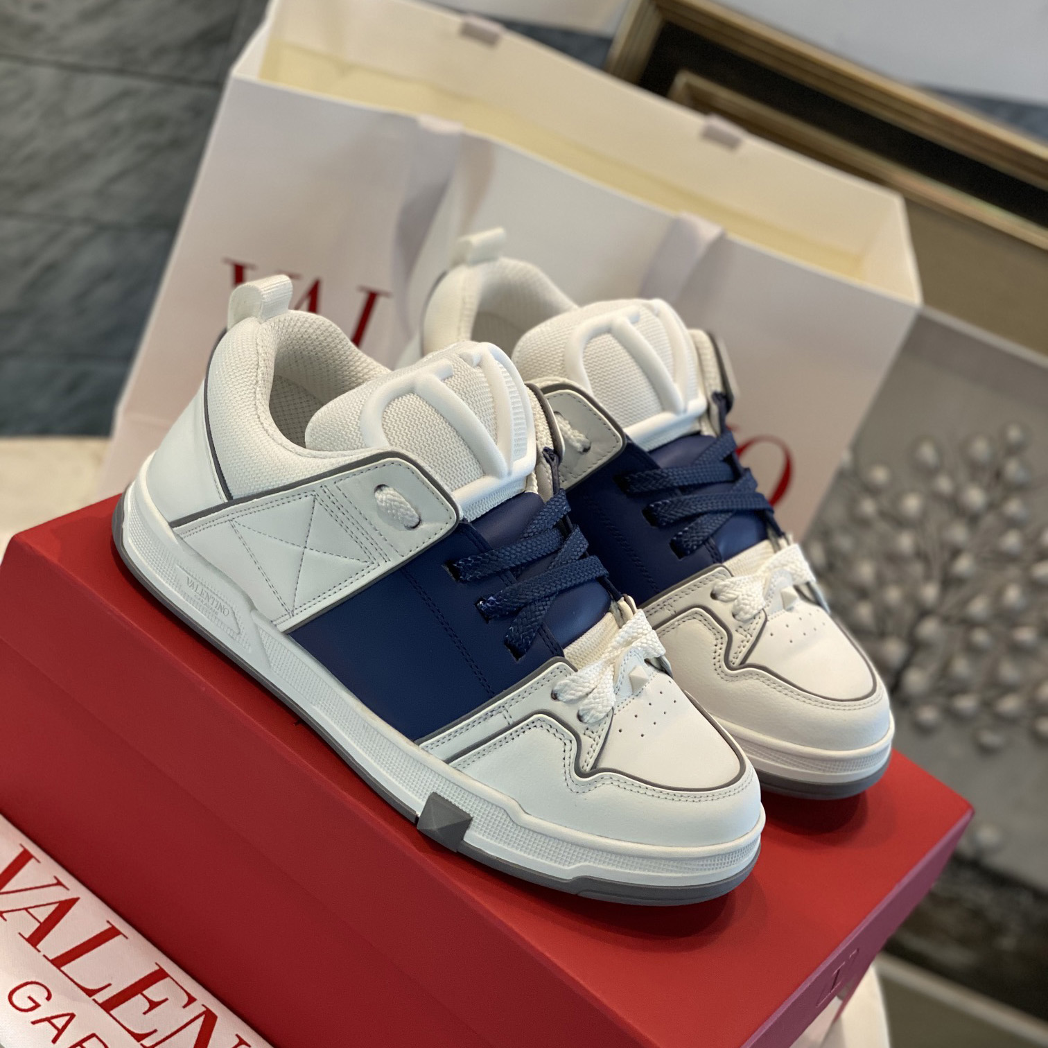 Valenti Open Skate Calfskin And Fabric Sneaker In White/Blue - everydesigner