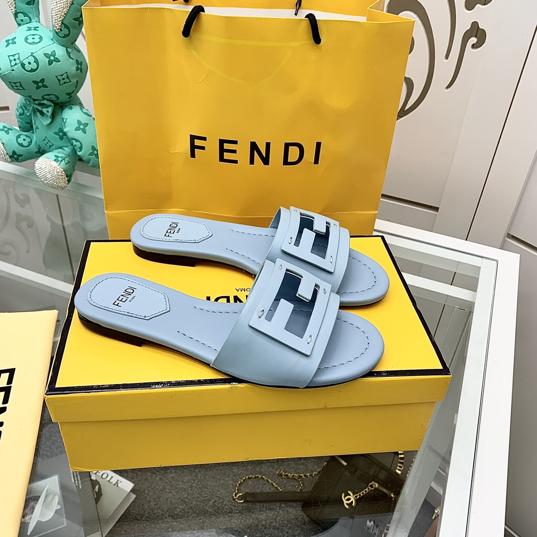 Fendi Signature Light Blue Leather Slides - everydesigner