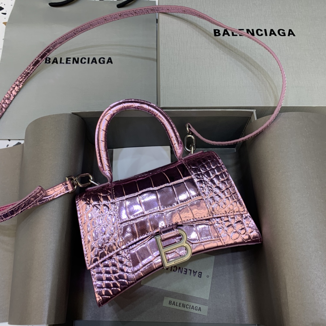 Balenciaga Hourglass Handbag In Pink Metallized Crocodile Embossed (23-10-14CM) - everydesigner