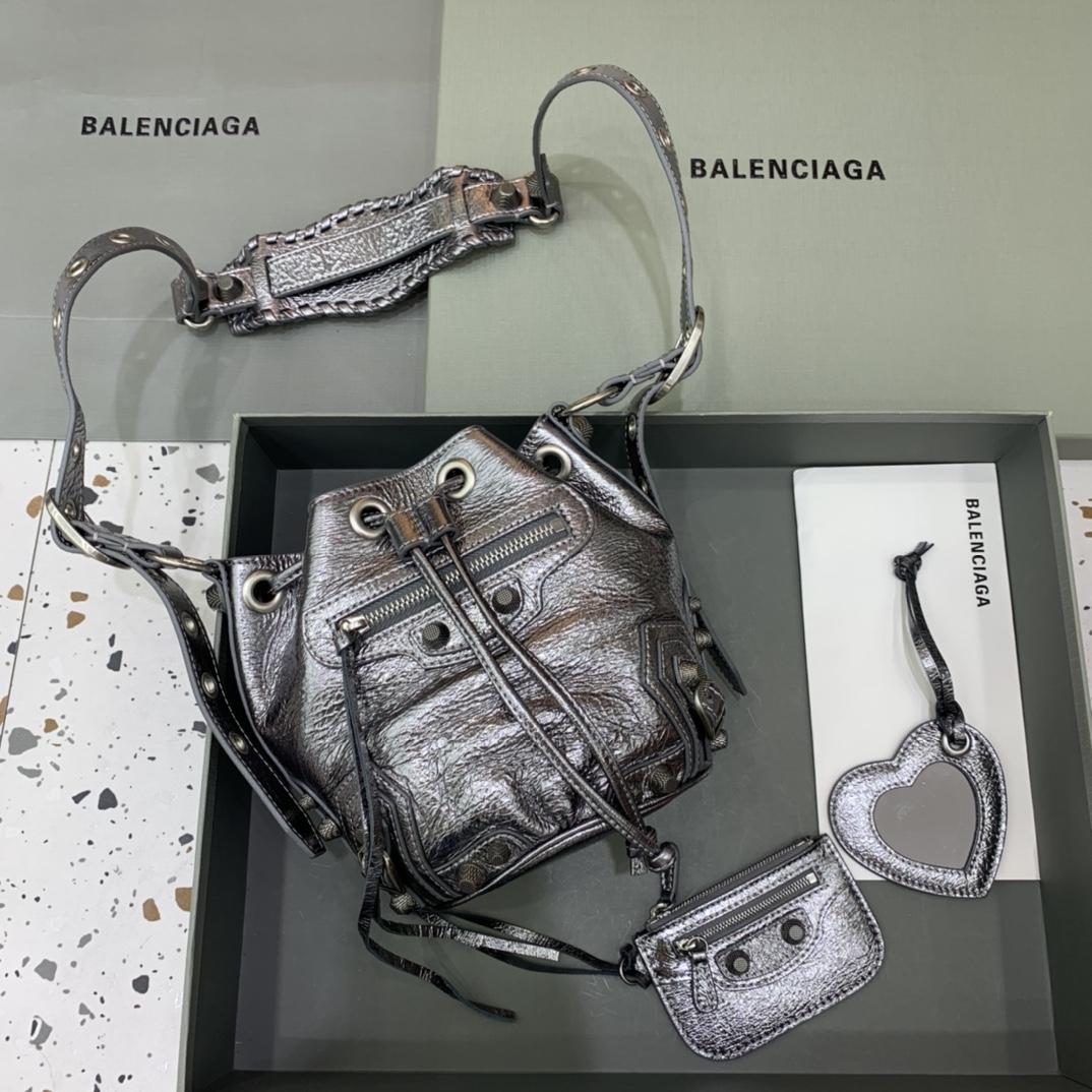 Balenciaga Le Cagole XS Bucket Bag In Silver Metallized Arena Lambskin, Aged-Silver Hardware With White Rhinestones(15-19.8-17.8cm) - everydesigner