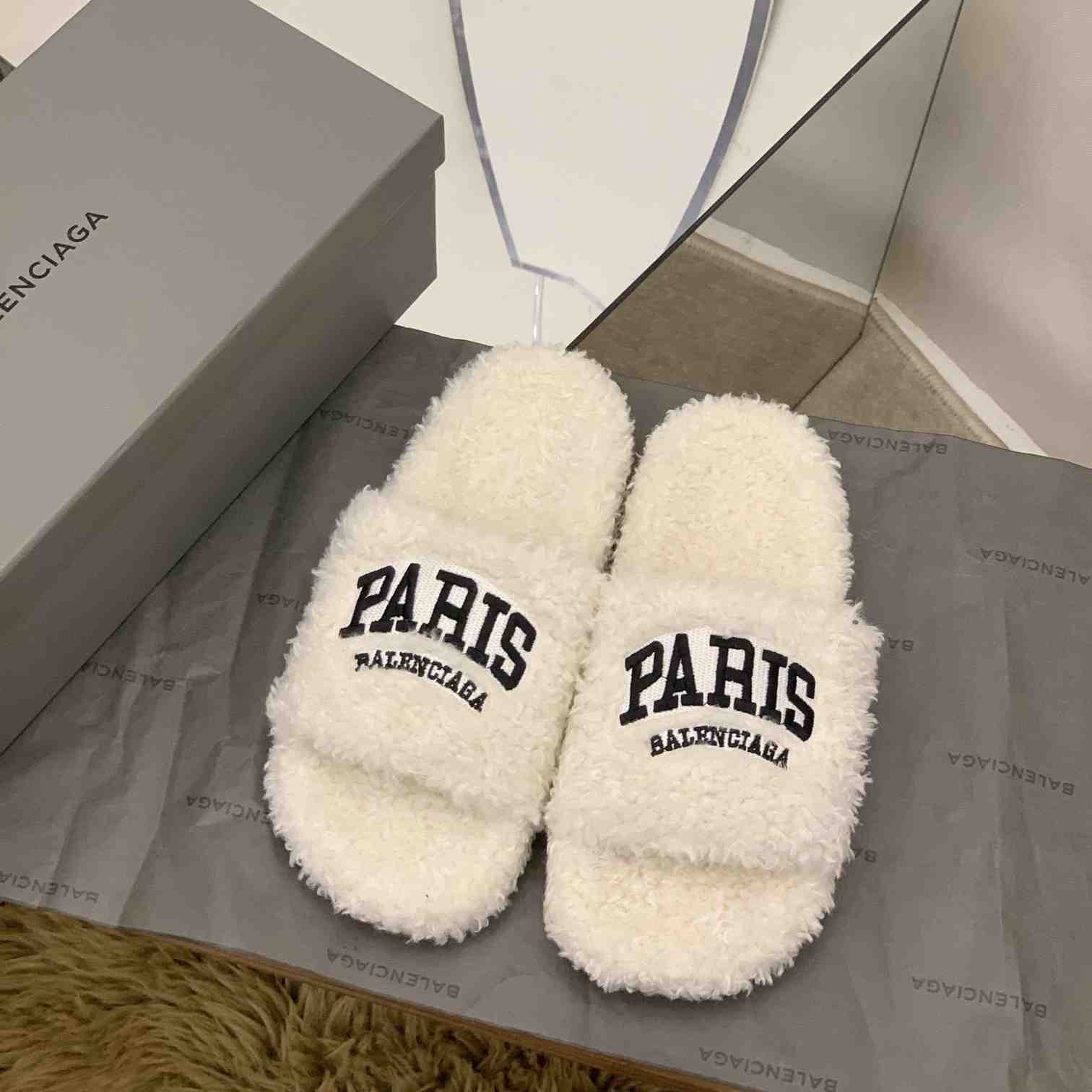 Balenciaga Cities Paris Furry Slide Sandal  - everydesigner