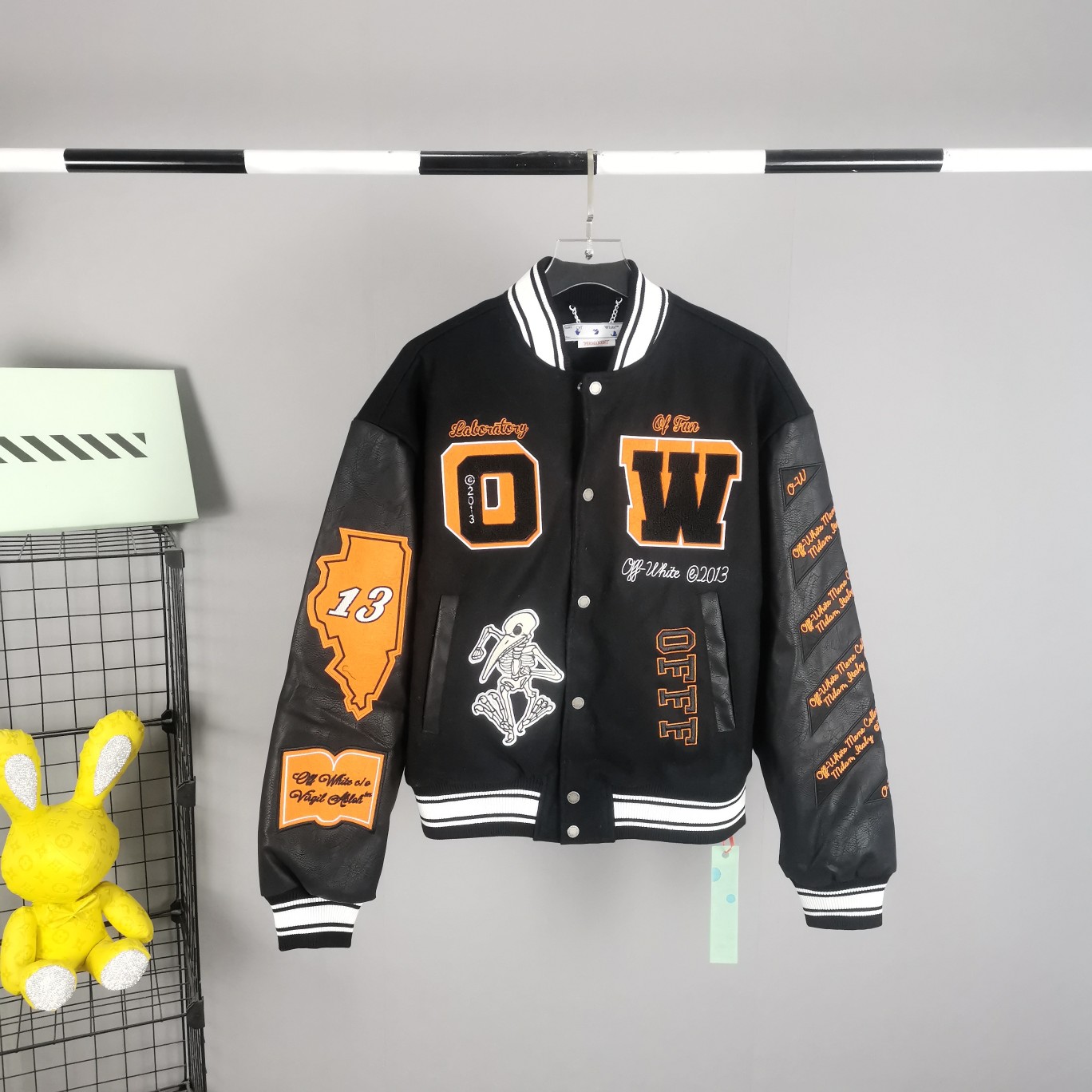 Off White Leather And Wool-Blend Varsity Jacket - everydesigner