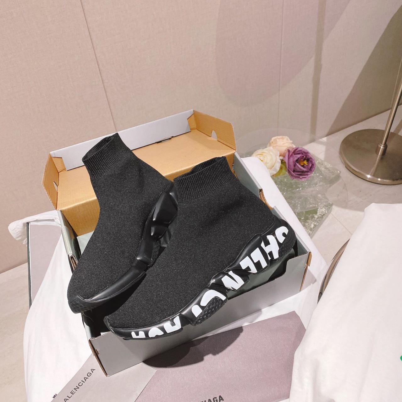 Balenciaga Speed Graffiti Sneaker In Black Knit - everydesigner