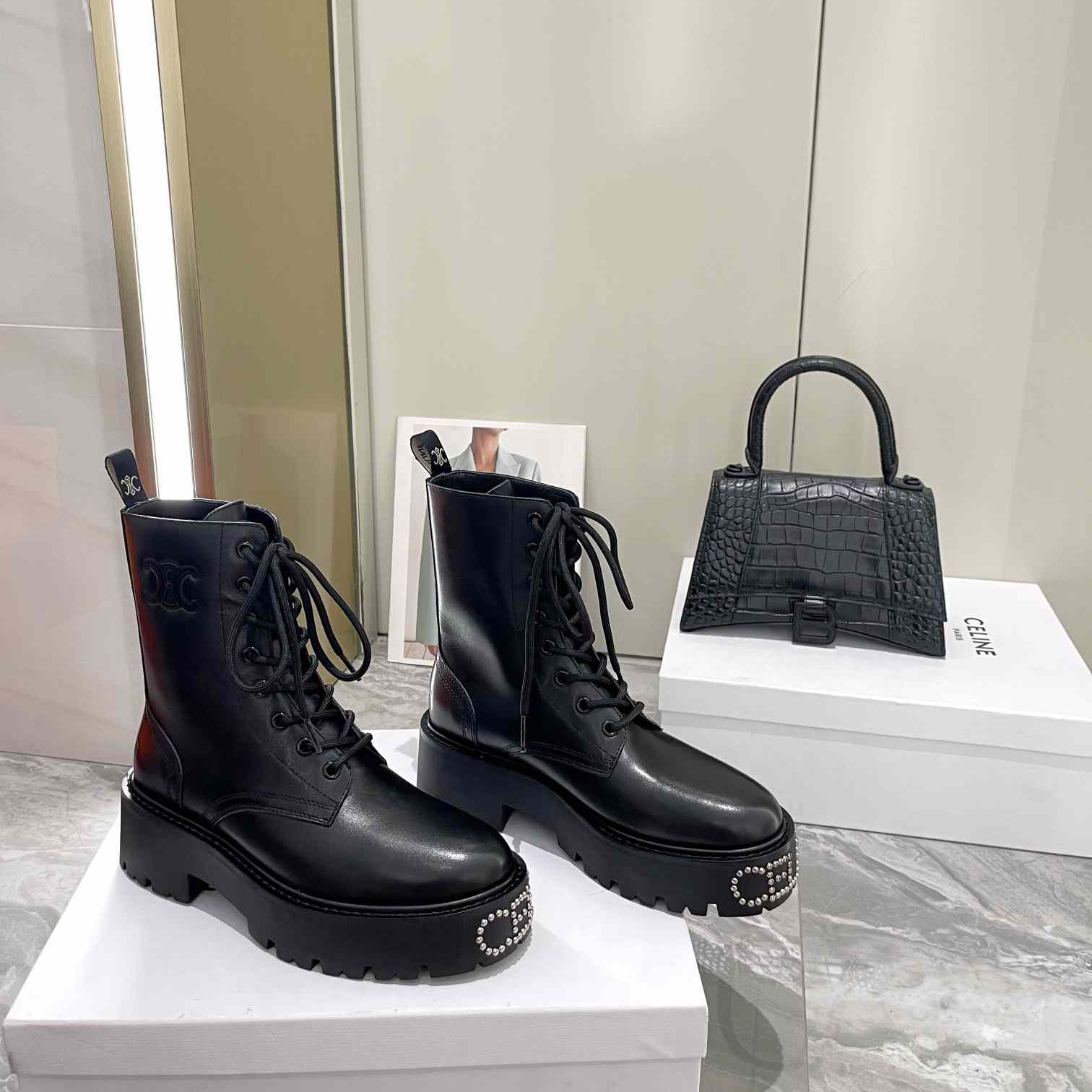 Celine Lace-Up Boot With Triomphe And Studded Outsole Celine Bulky In Shiny Bull - everydesigner