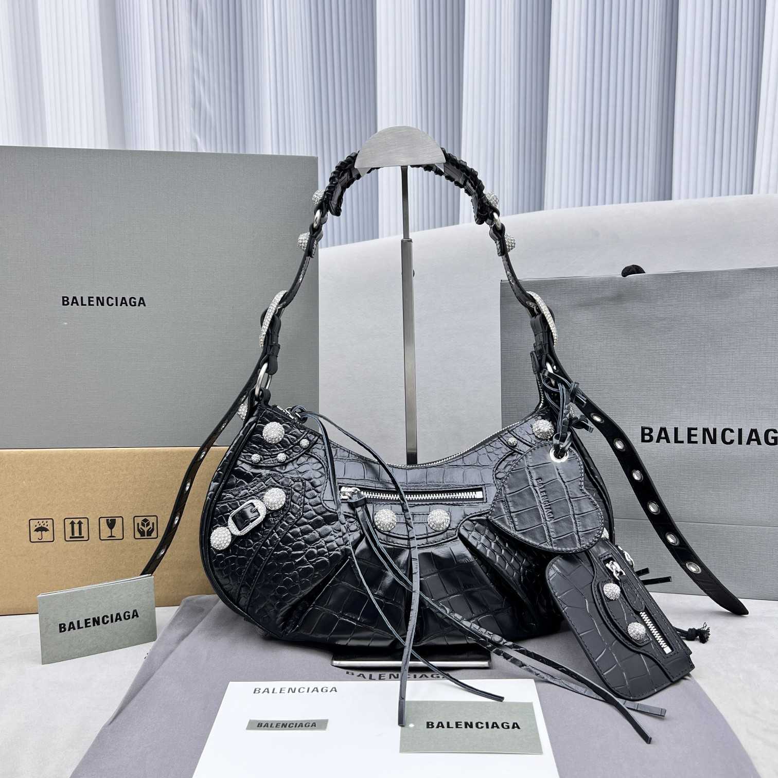 Balenciaga Women's Le Cagole Small Shoulder Bag Metallized Crocodile Embossed With Rhinestones In Black - everydesigner