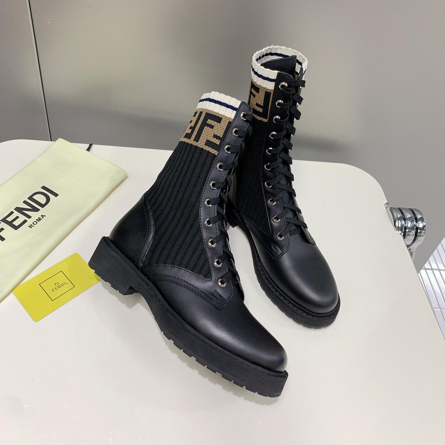 Fendi Rockoko Black Leather Biker Boots With Stretch Fabric - everydesigner