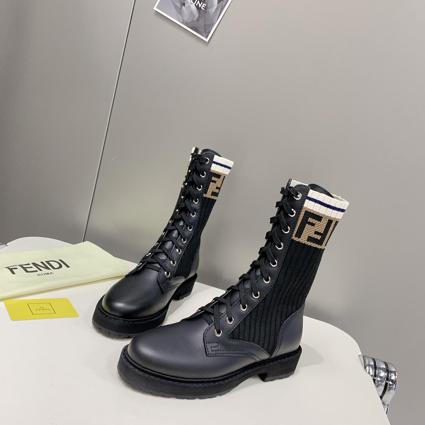 Fendi Rockoko Black Leather Biker Boots With Stretch Fabric - everydesigner