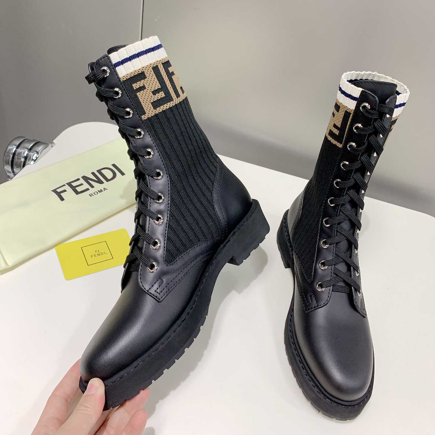 Fendi Rockoko Black Leather Biker Boots With Stretch Fabric - everydesigner