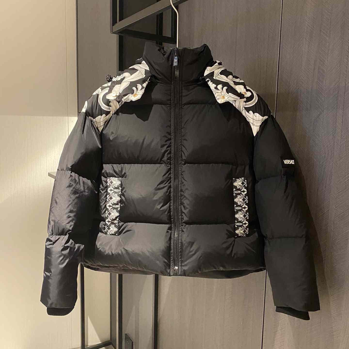 Versace Women's Silver Baroque Puffer Jacket - everydesigner