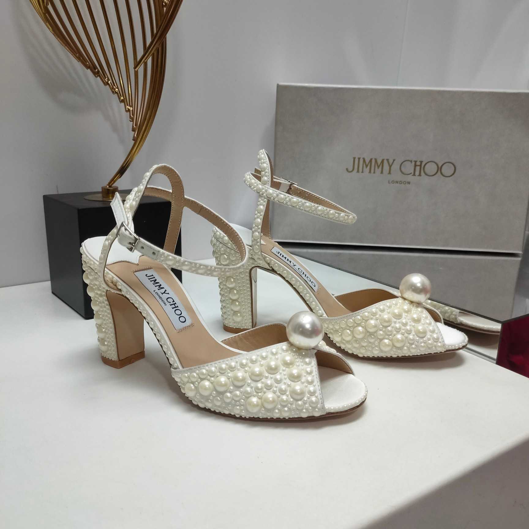 Jimmy Choo Sacaria White Satin Sandals With All-Over Pearl Embellishment - everydesigner