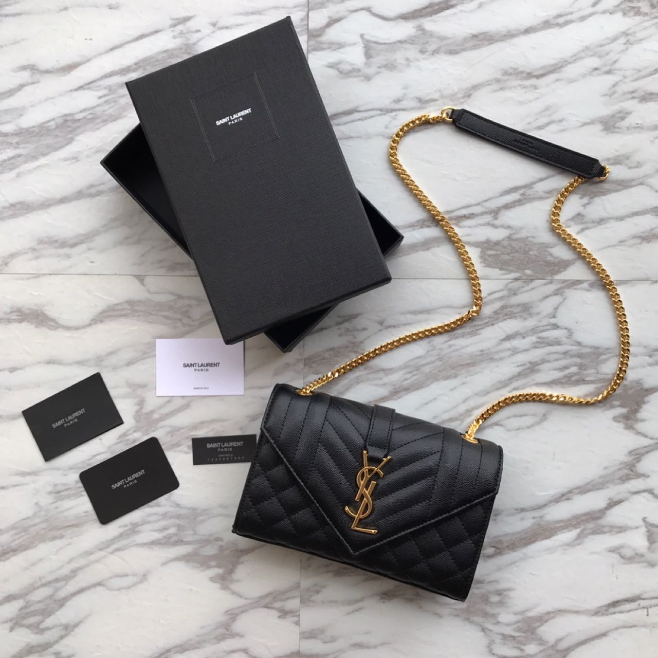 Saint Laurent Envelope Chain Wallet In Mix Matelasse Grain De Poudre Embossed Leather(21-13-6CM) - everydesigner