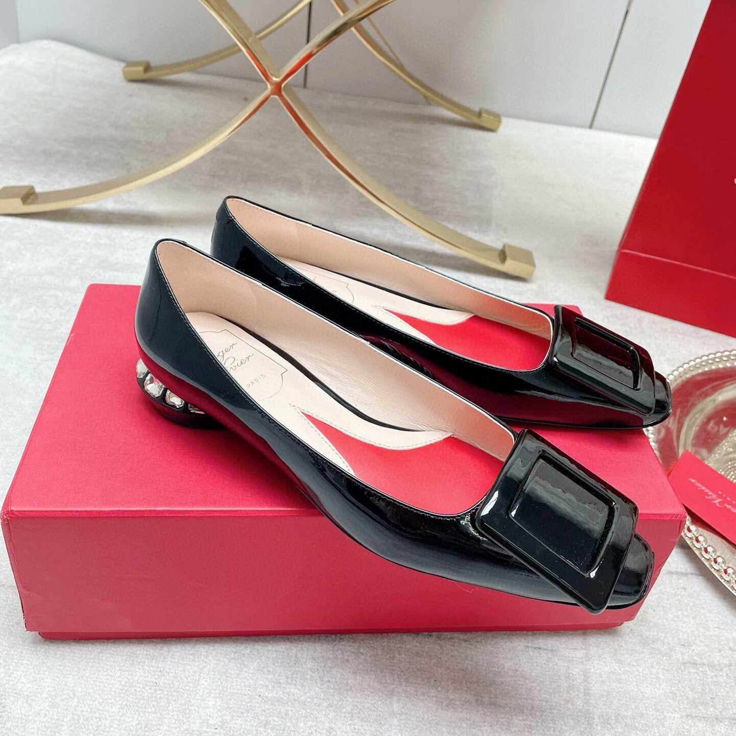 Roger Vivier Strass Heel Covered Buckle Ballerinas In Patent Leather - everydesigner