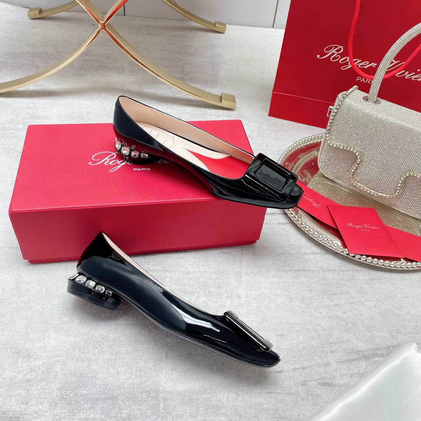 Roger Vivier Strass Heel Covered Buckle Ballerinas In Patent Leather - everydesigner