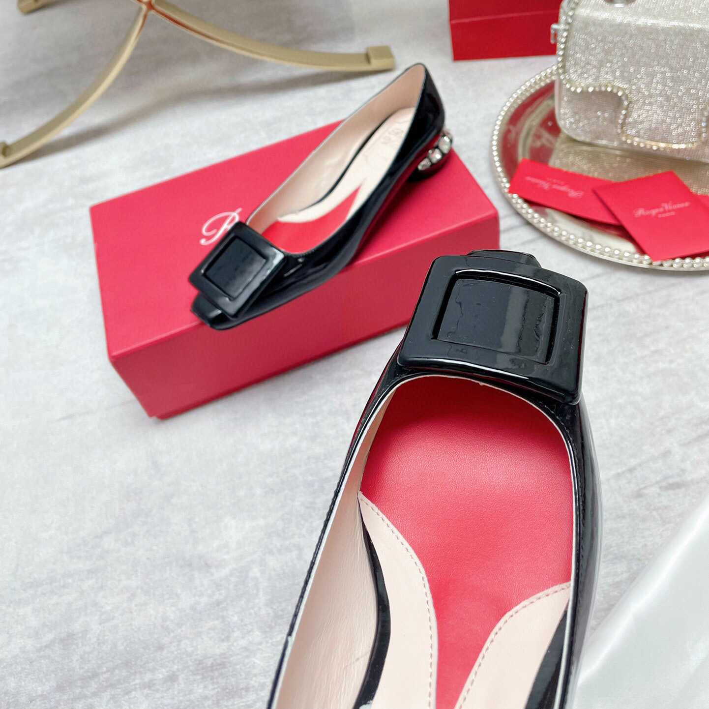 Roger Vivier Strass Heel Covered Buckle Ballerinas In Patent Leather - everydesigner