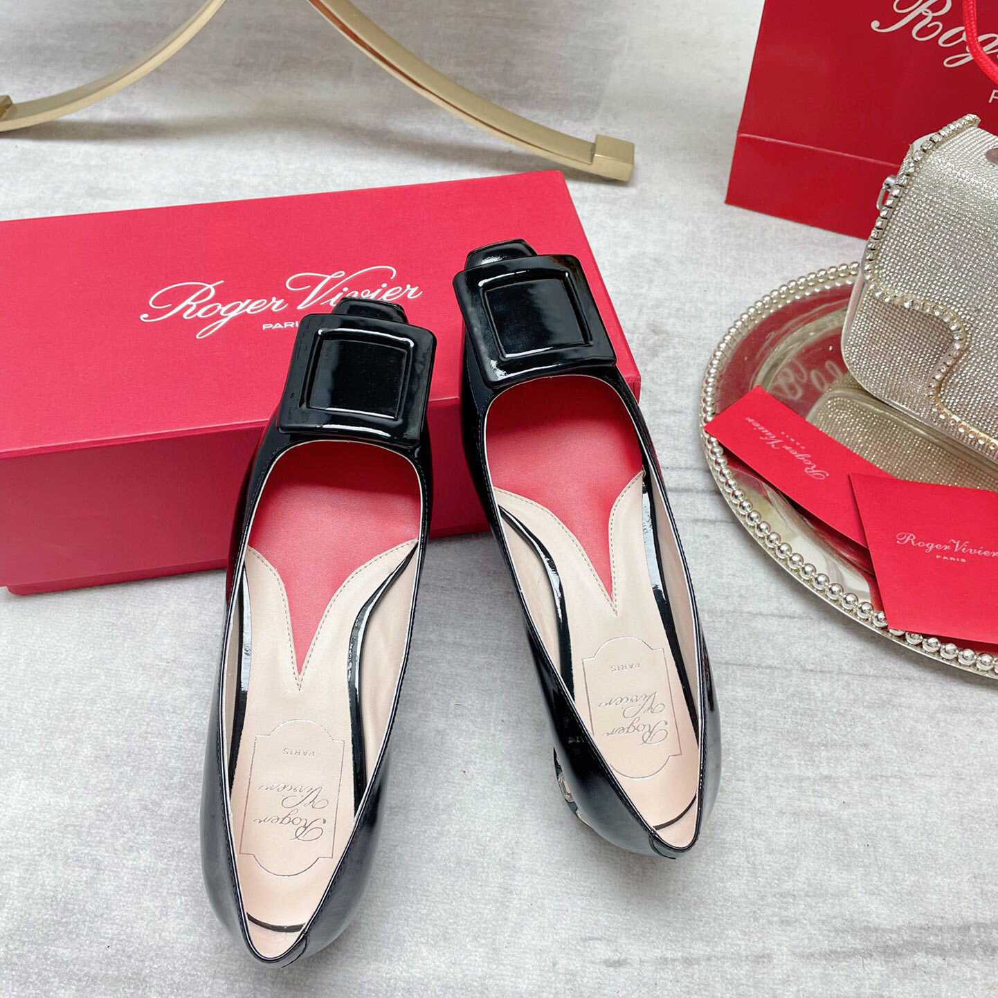 Roger Vivier Strass Heel Covered Buckle Ballerinas In Patent Leather - everydesigner