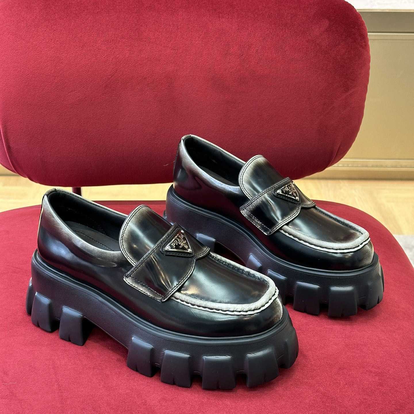 Prada Brushed Leather Monolith Loafers - everydesigner