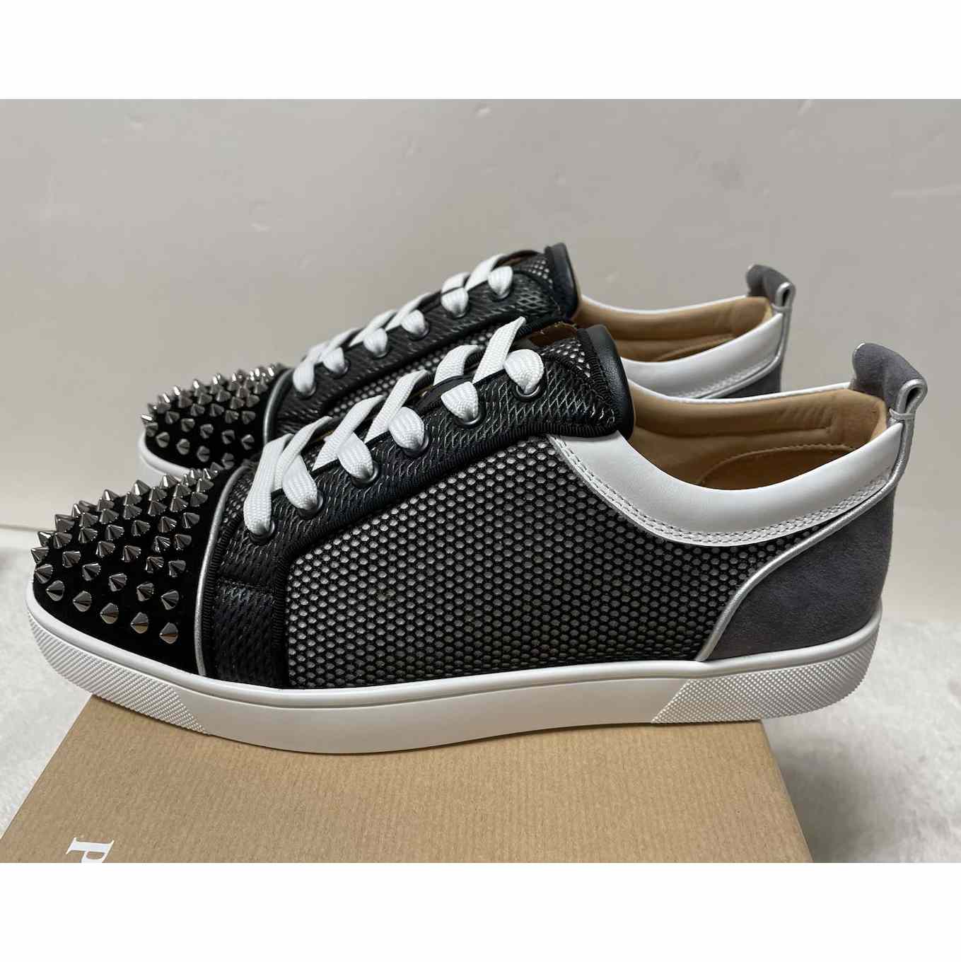 Christian Louboutin Louis Junior Spikes Suede-Trimmed Mesh And Leather Sneakers - everydesigner