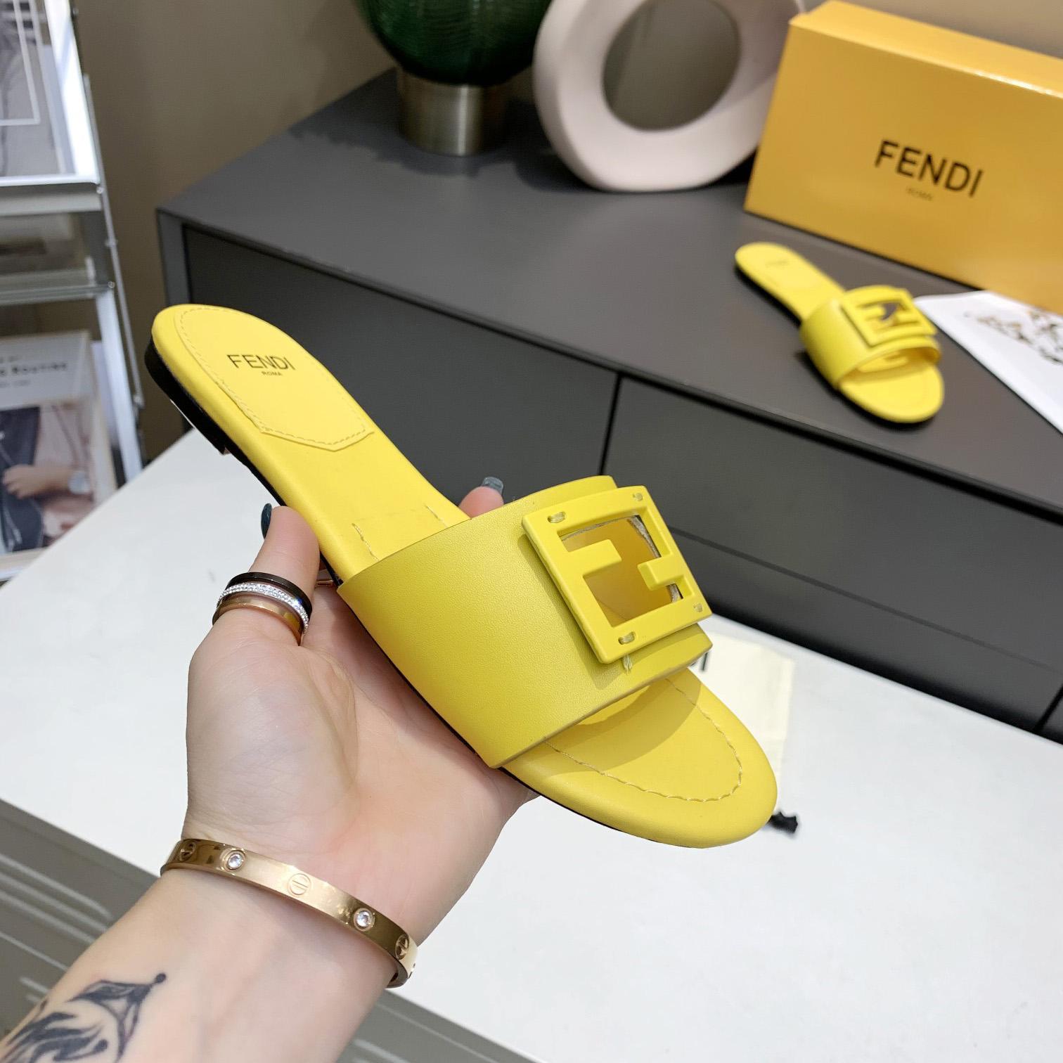 Fendi Signature Yellow Leather Slides - everydesigner