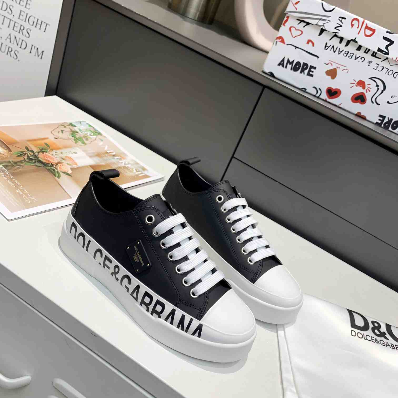 Dolce & Gabbana Calfskin Portofino Light Sneakers With Logo-Detailed Plate And Logo Print - everydesigner