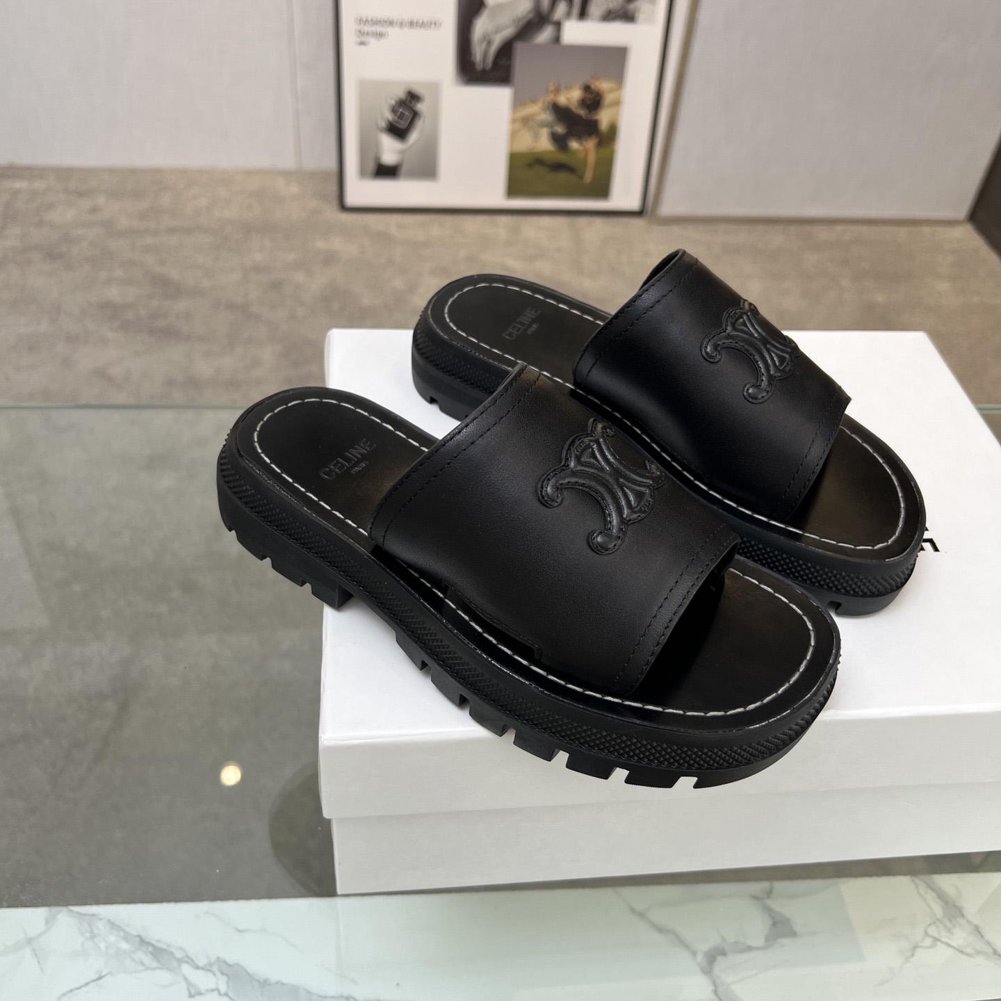 Celine Clea Triomphe Slide In Vegetable - Black Calfskin - everydesigner