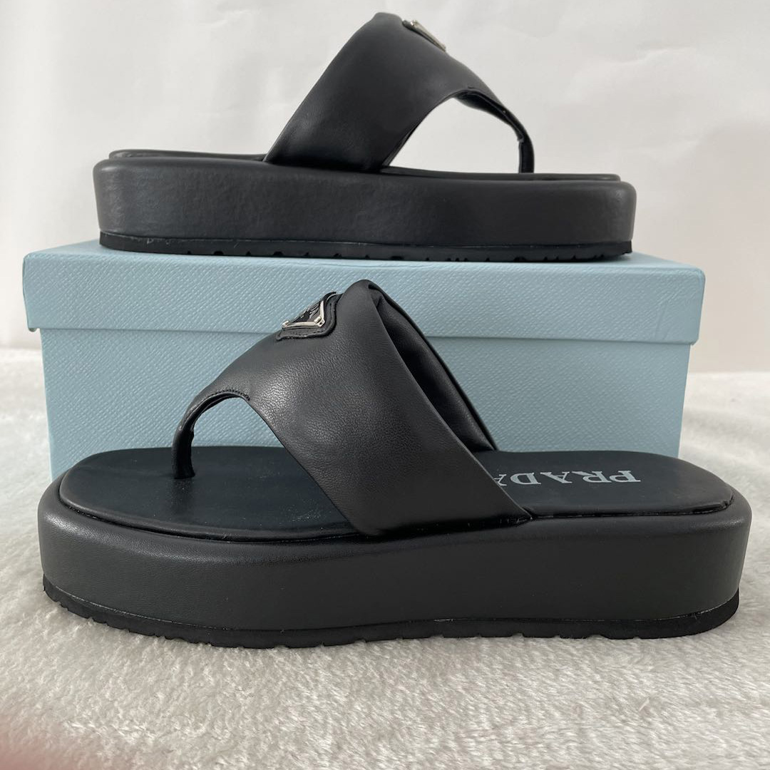 Prada Soft Padded Nappa Leather Thong Wedge Sandals - everydesigner