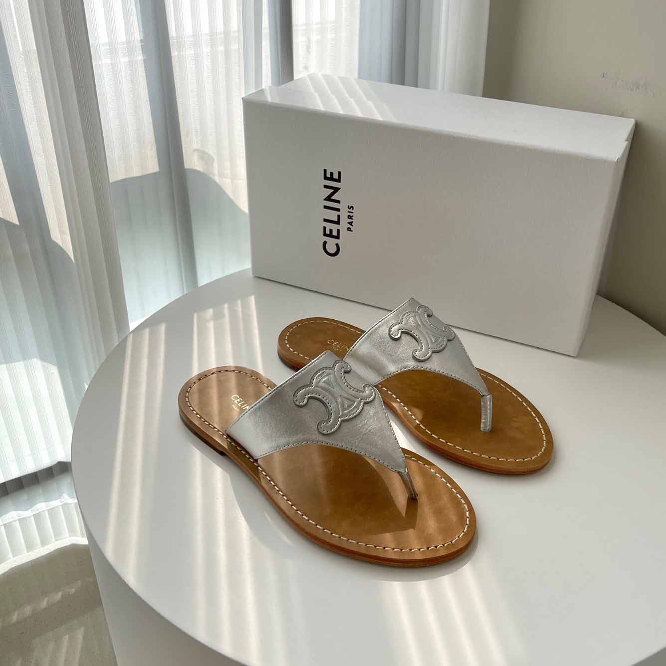 Celine Triomphe Flat Thong In Metalized Calfskin Silver - everydesigner