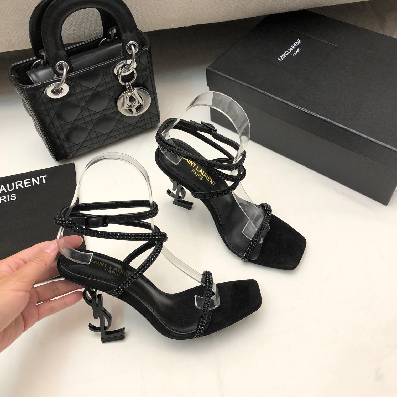 Saint Laurent Opyum Sandals In Crepe Satin And Rhinestones - everydesigner