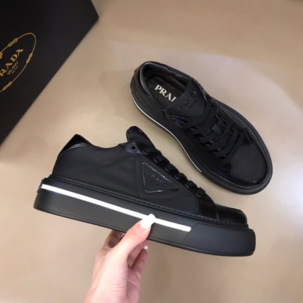 Prada Macro Re-Nylon And Brushed Leather Sneakers - everydesigner