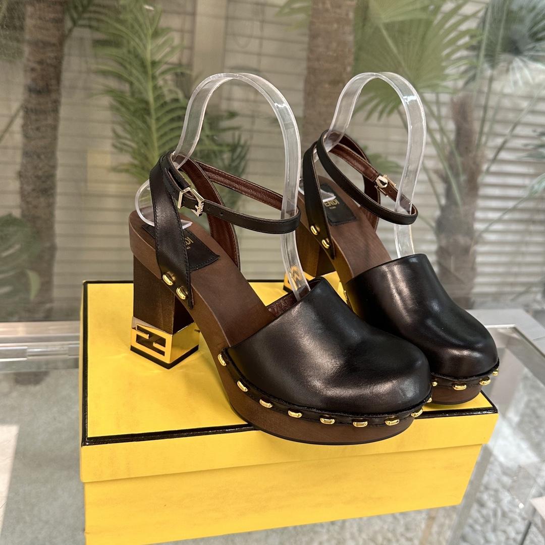 Fendi Baguette Show Black Leather High-heeled Clogs - everydesigner