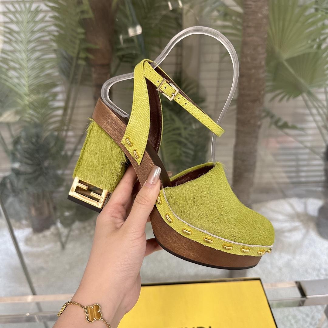 Fendi Baguette Show Green Pony Hair High-heeled Clogs - everydesigner