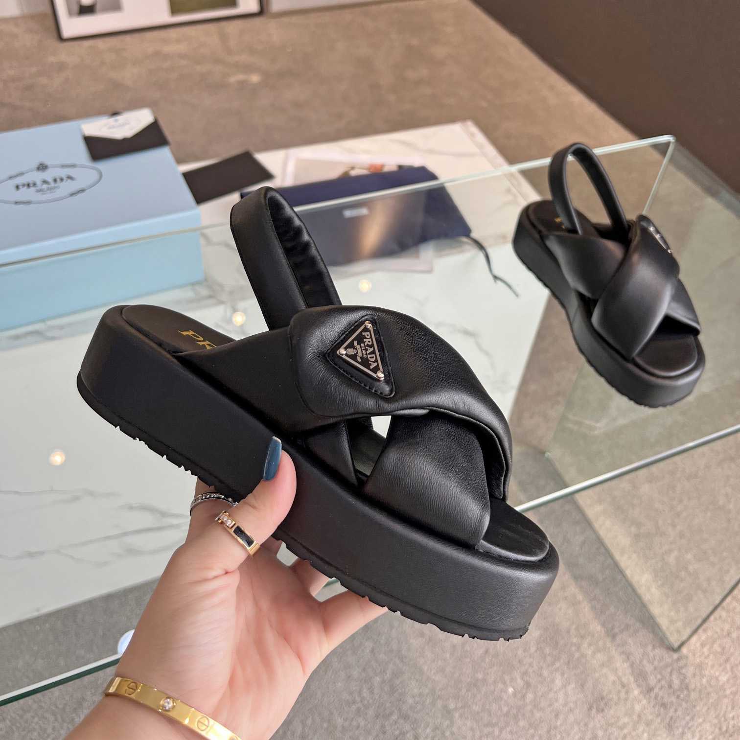 Prada Soft Padded Nappa Leather Wedge Sandals - everydesigner