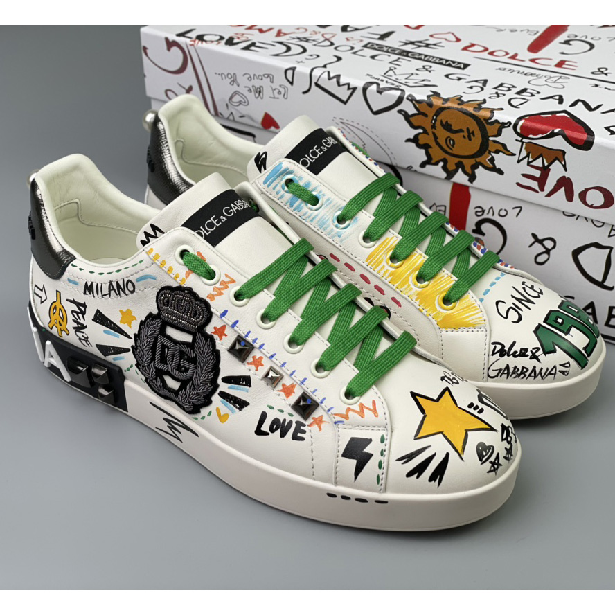 Dolce & Gabbana Calfskin Portofino Sneakers With Embroidery And Studs - everydesigner