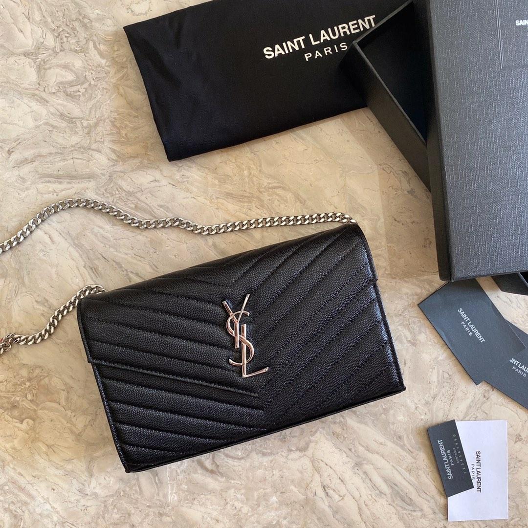 Saint Laurent Cassandre Matelasse Envelope Chain Wallet In Grain De Poudre Embossed Leather - everydesigner