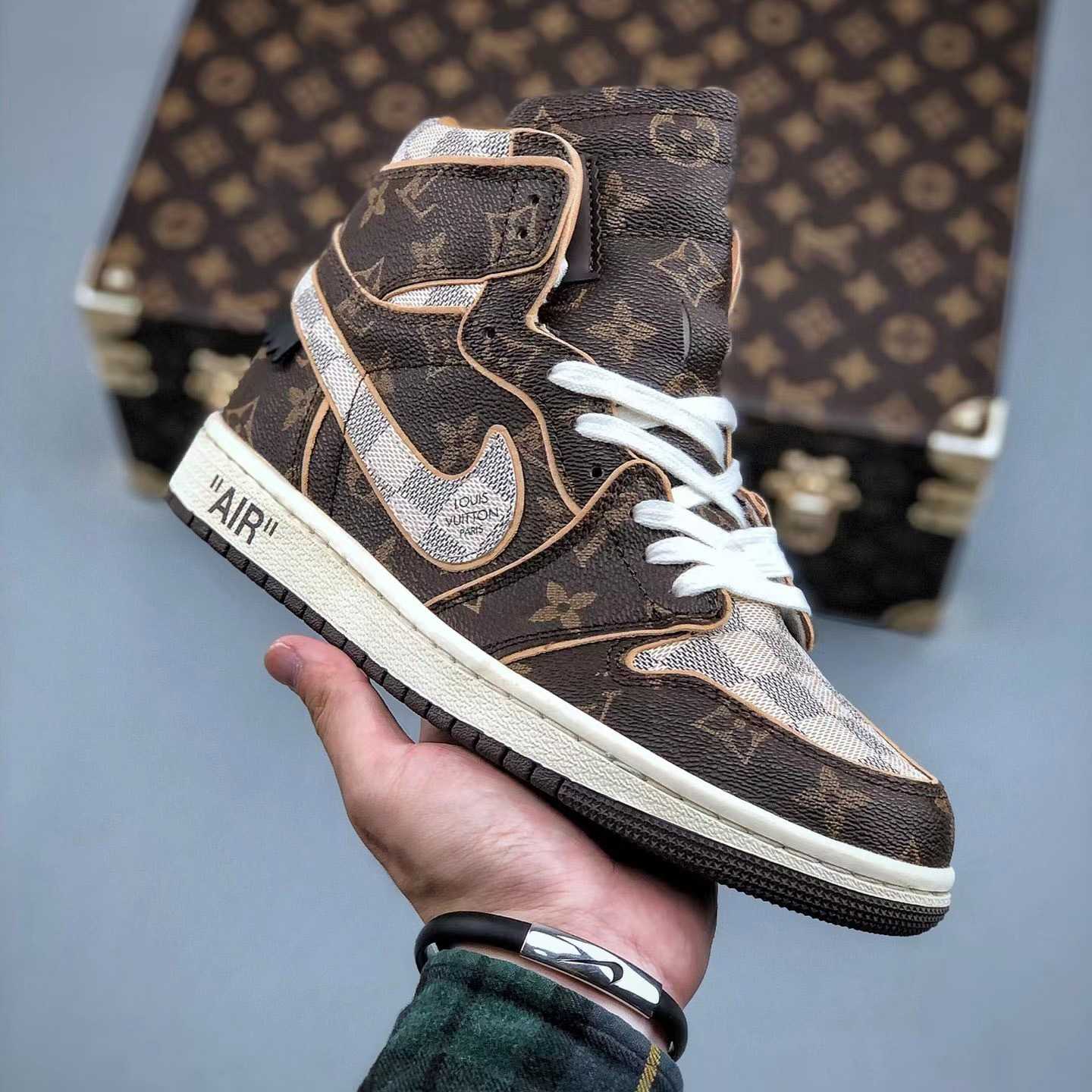 Louis Vuitton x Nike Air Jordan 1 Low OG Custom"Damier Azur/Brown/LV Monogram" Sneakers - everydesigner