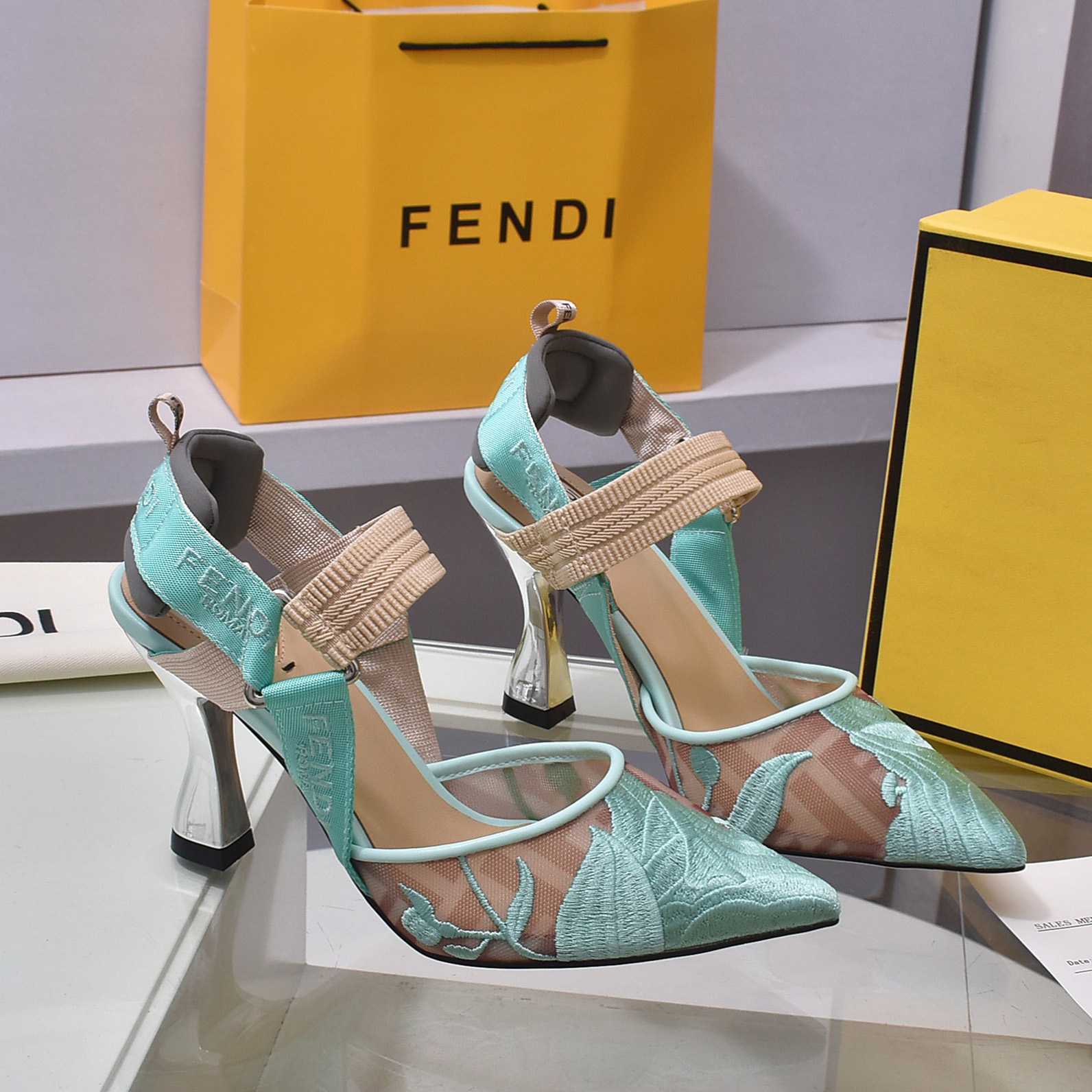 Fendi Colibrì Beige Mesh High-heeled Slingbacks - everydesigner