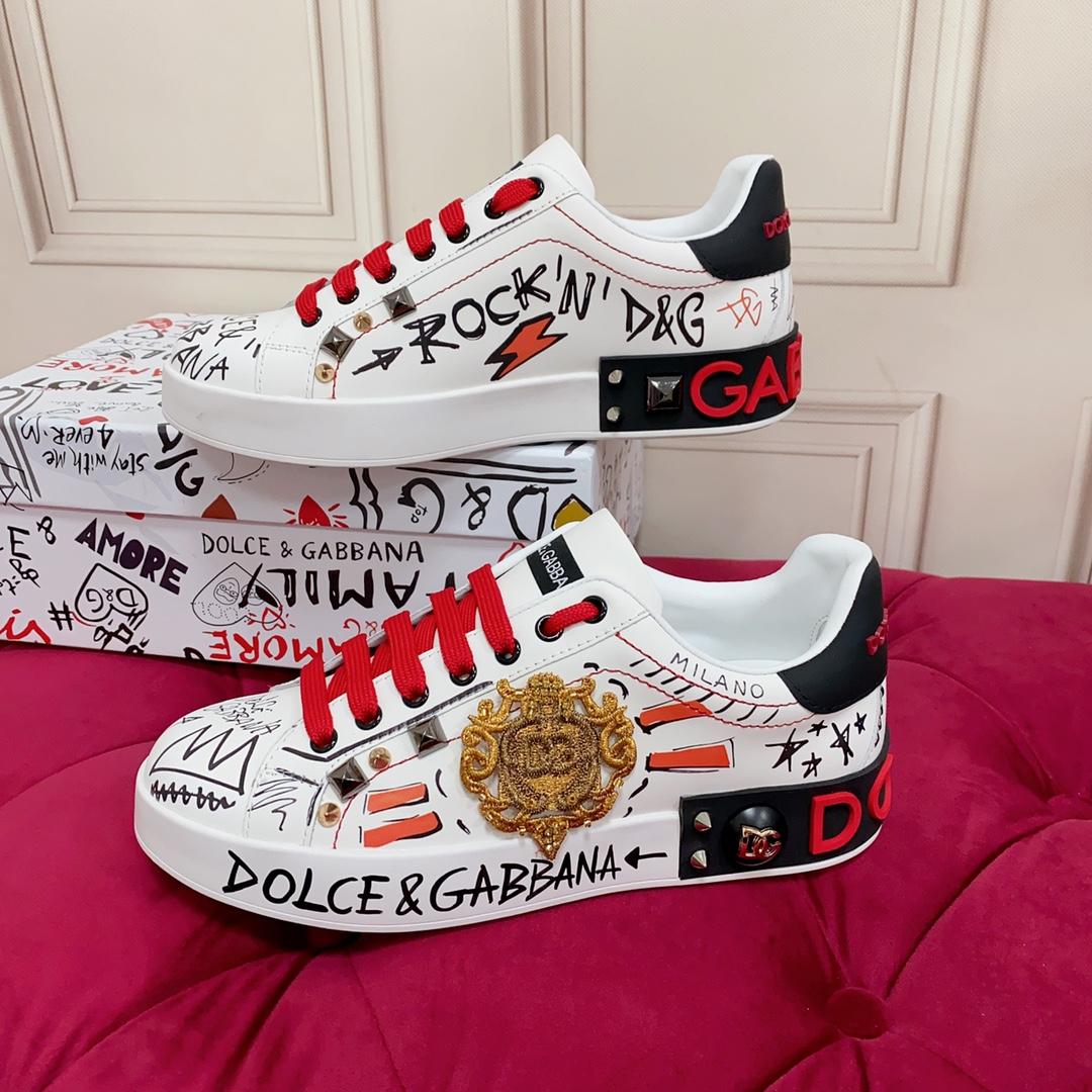 Dolce & Gabbana Calfskin Portofino Sneakers With Embroidery And Studs - everydesigner