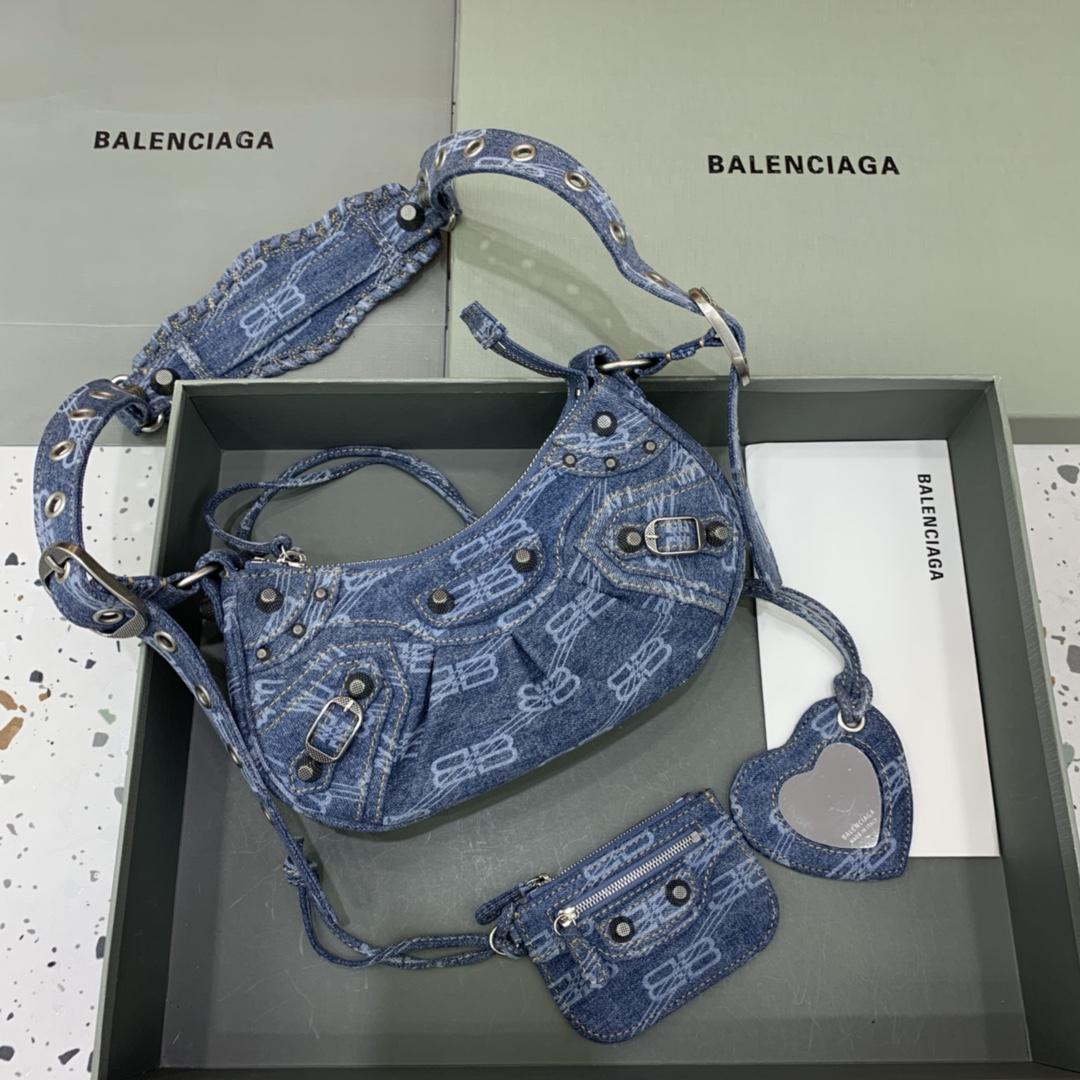 Balenciaga Le Cagole XS Shoulder Bag BB Monogram Bleached Denim In Blue   (26-12-6cm) - everydesigner