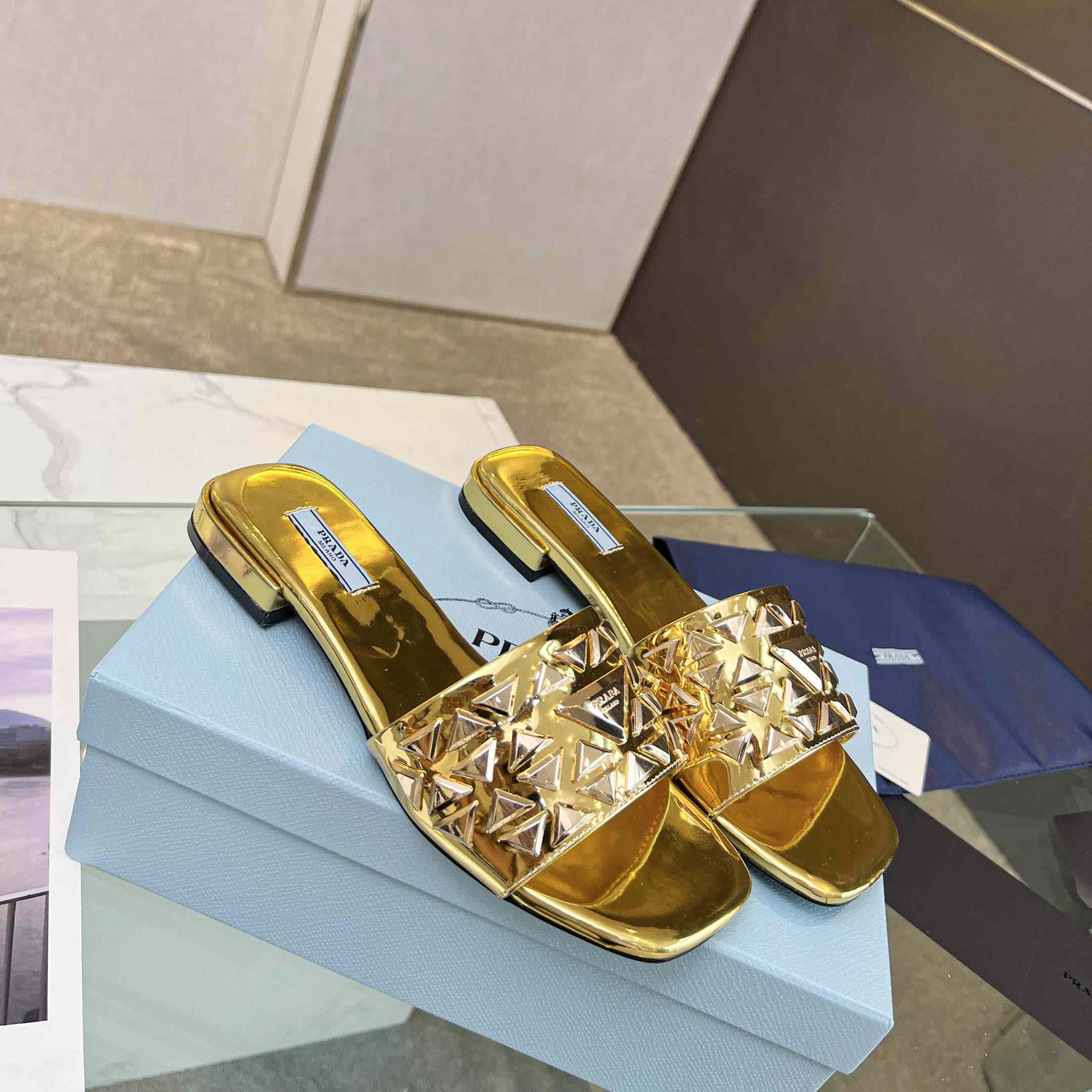 Prada Studded Metallic Leather Slides - everydesigner