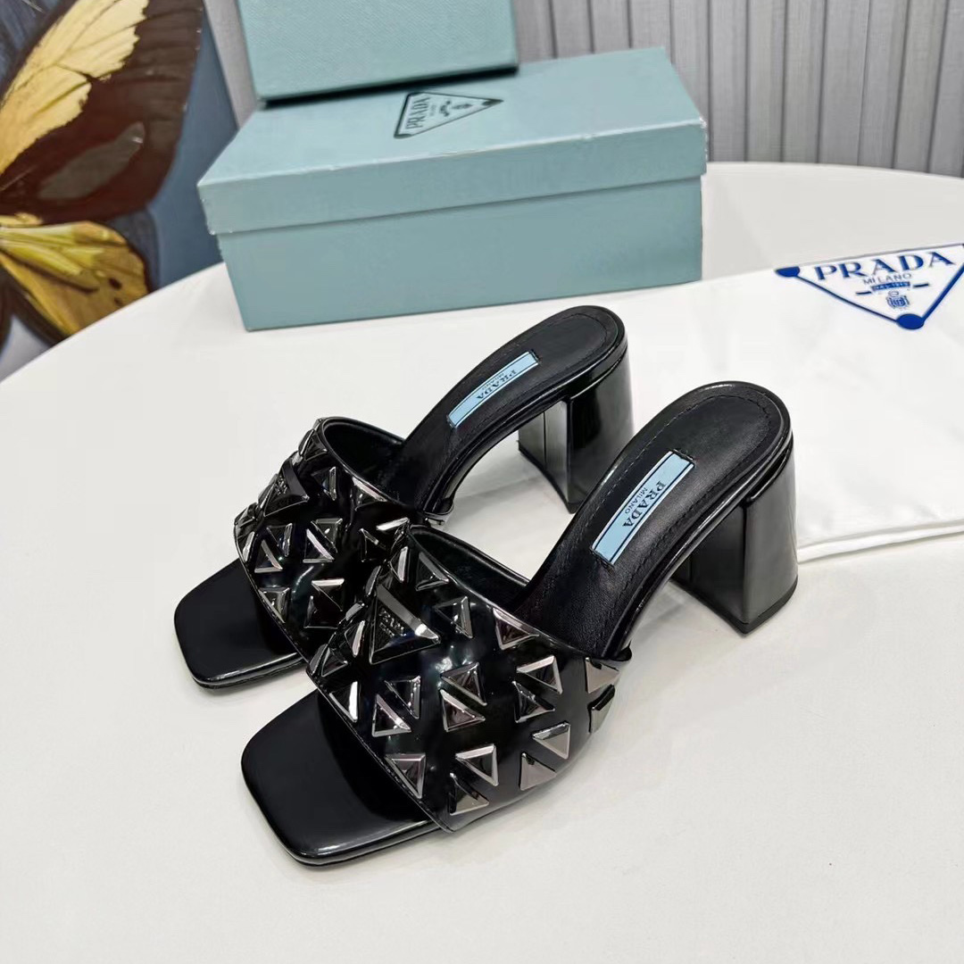 Prada Studded Metallic Leather Mules - everydesigner