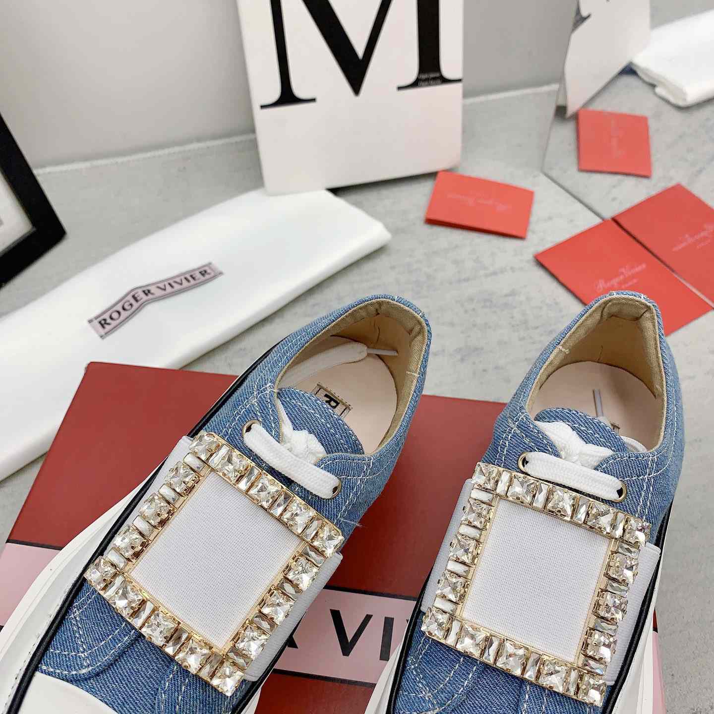 Roger Vivier Viv' Go-Thick Strass Buckle Slip-on Sneakers In Denim - everydesigner