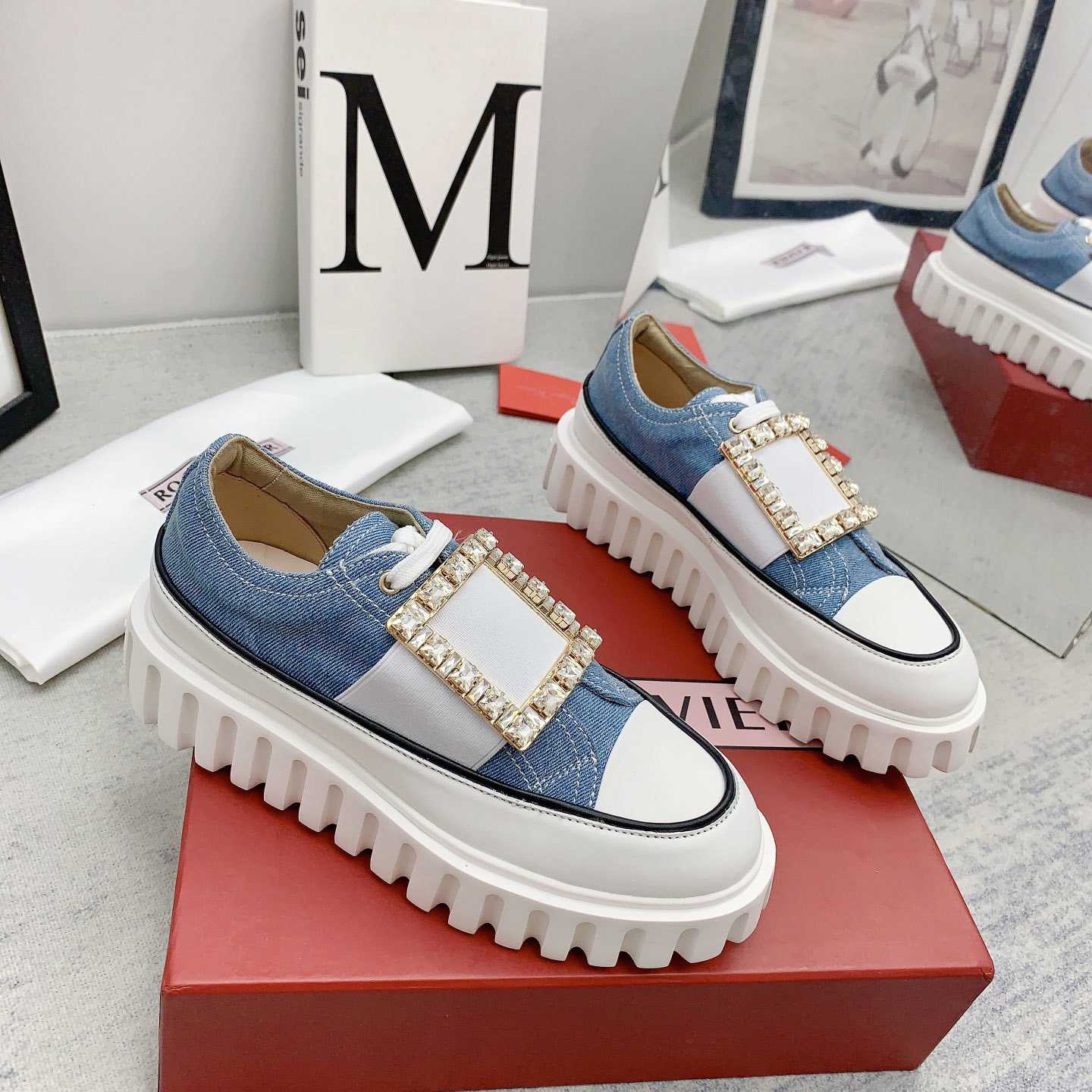 Roger Vivier Viv' Go-Thick Strass Buckle Slip-on Sneakers In Denim - everydesigner