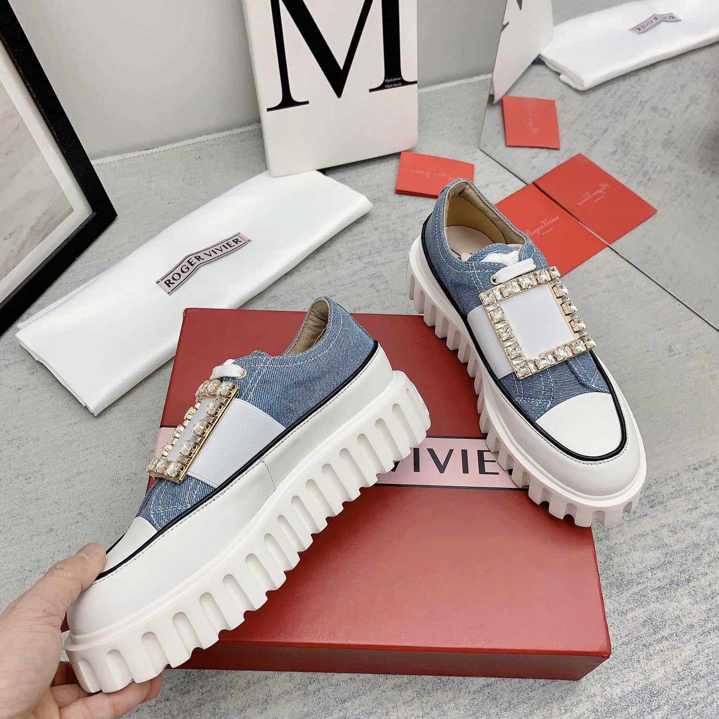 Roger Vivier Viv' Go-Thick Strass Buckle Slip-on Sneakers In Denim - everydesigner