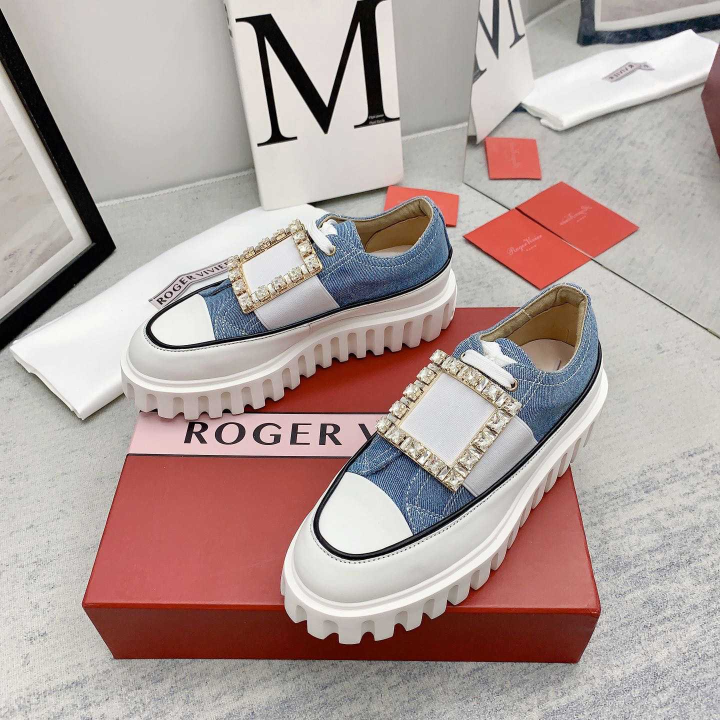 Roger Vivier Viv' Go-Thick Strass Buckle Slip-on Sneakers In Denim - everydesigner