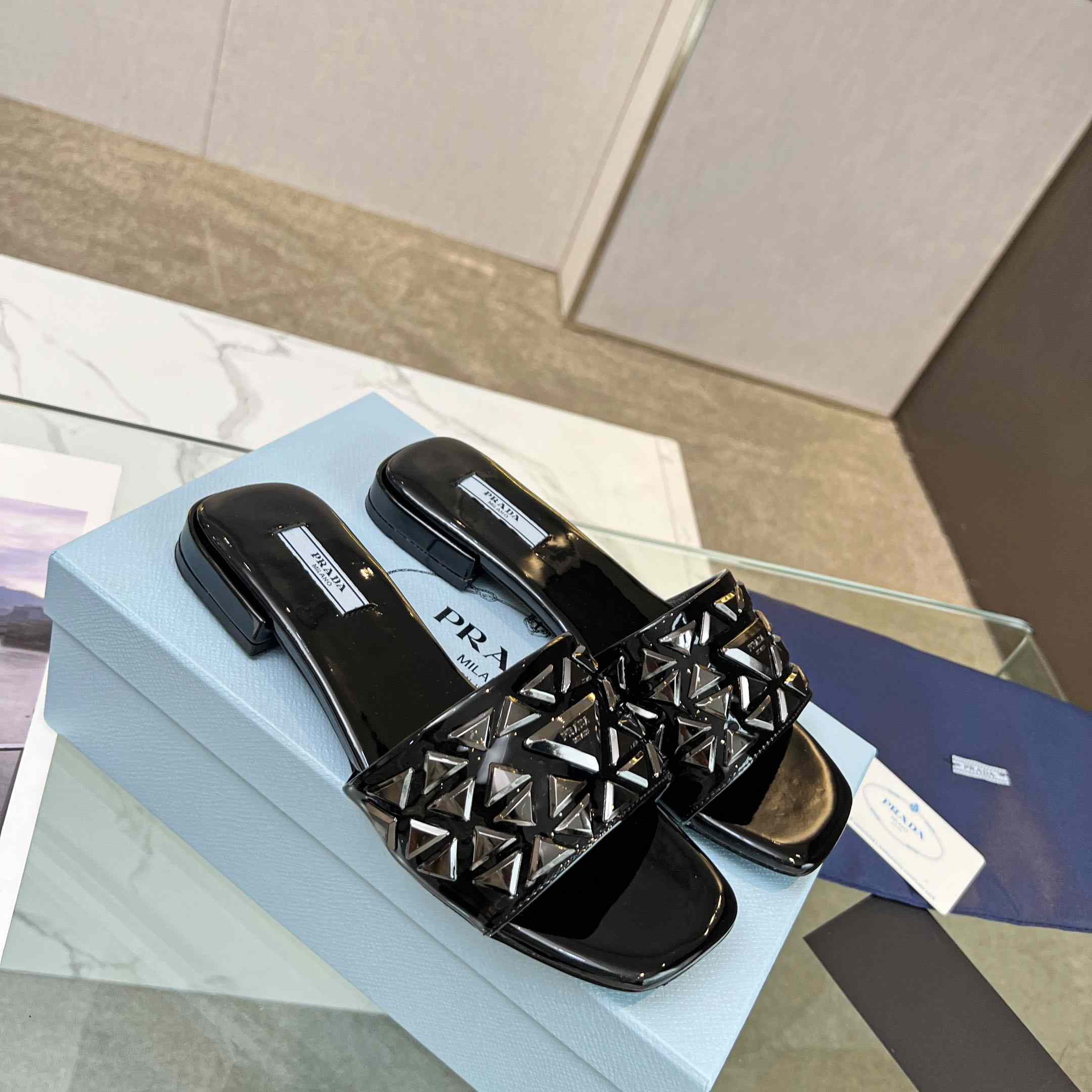 Prada Studded Metallic Leather Slides - everydesigner