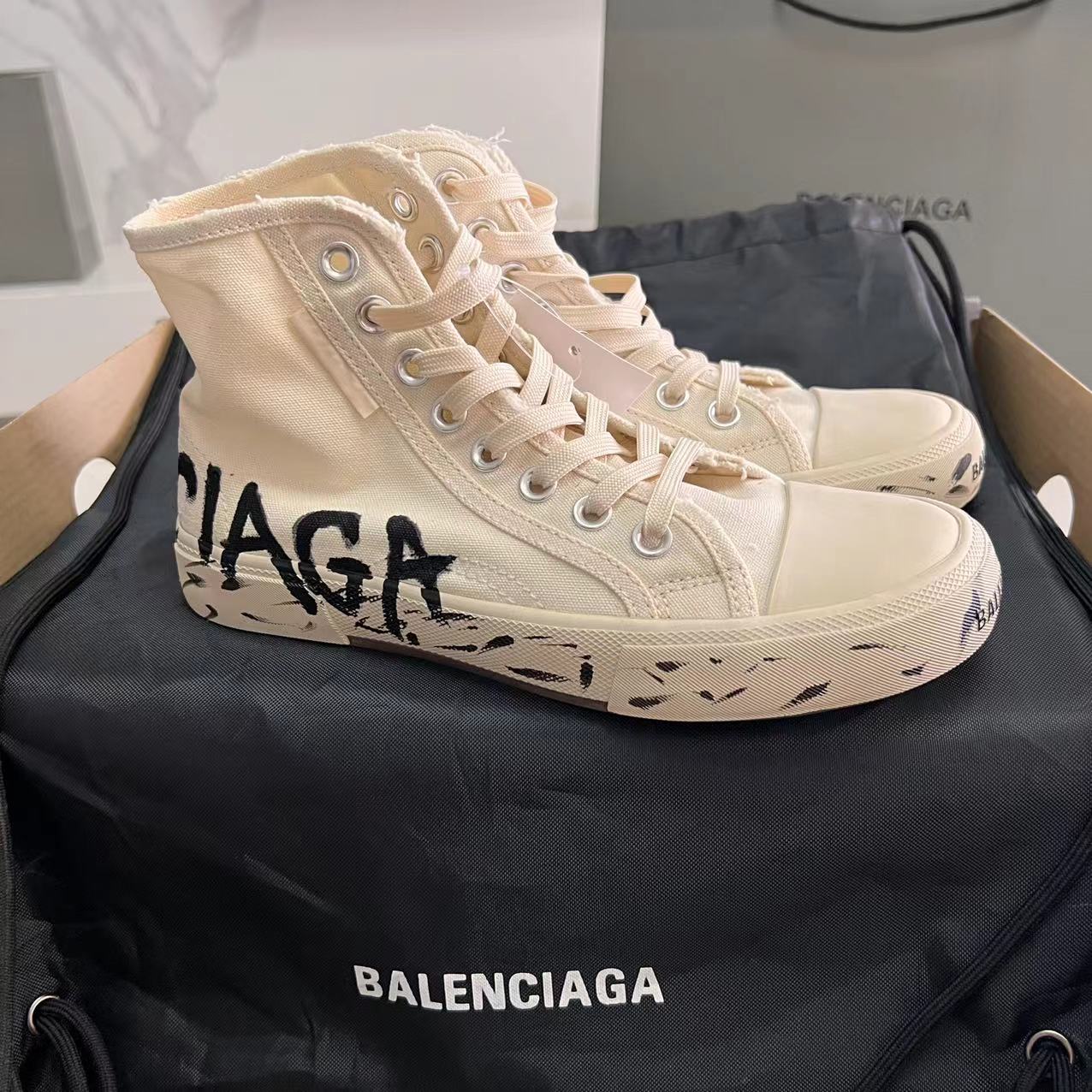 Balenciaga Paris High Top Graffiti Sneaker In White  - everydesigner