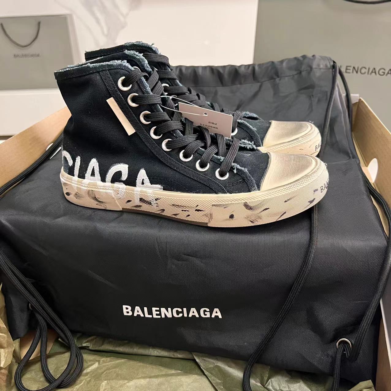 Balenciaga Paris High Top Graffiti Sneaker In Black - everydesigner