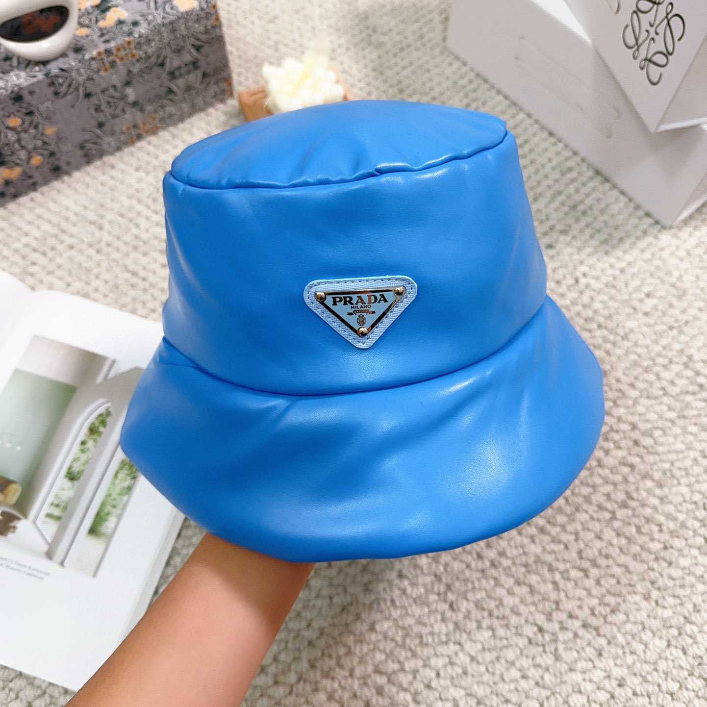 Prada Enamelled-logo Leather Bucket Hat - everydesigner