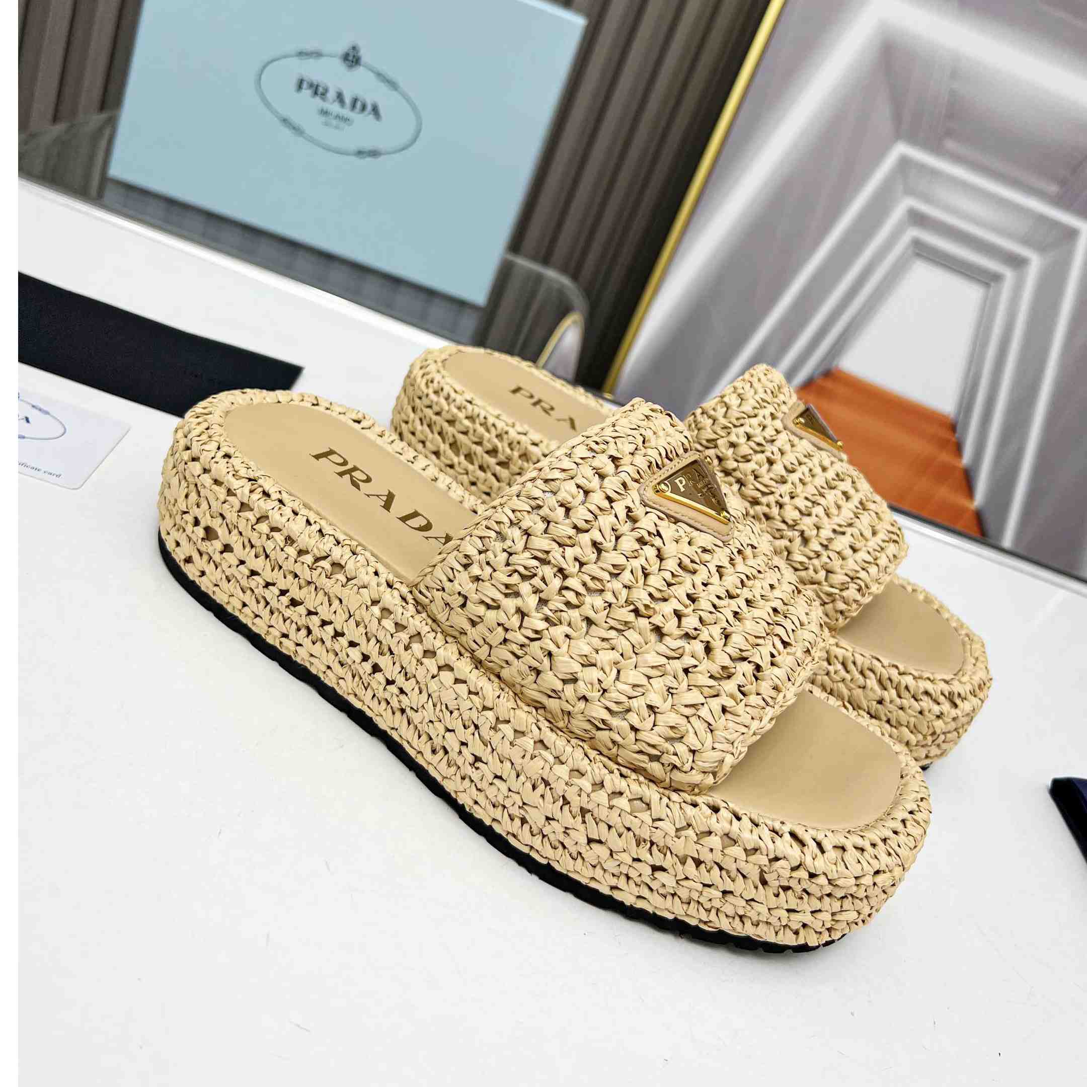 Prada Raffia Single-Band Platform Slides - everydesigner